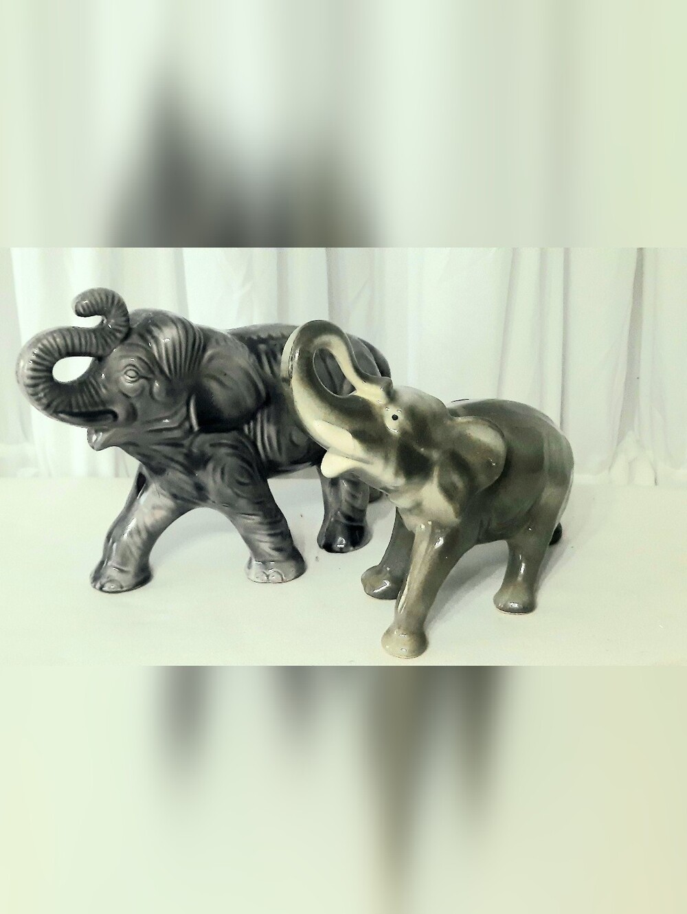 Pair of Ceramic Elephant Figurines in Gray and Green